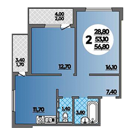 2 комнатная 56.8м²