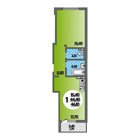 1 комнатная 46.1м²