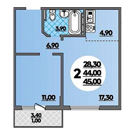 1 комнатная 45м²