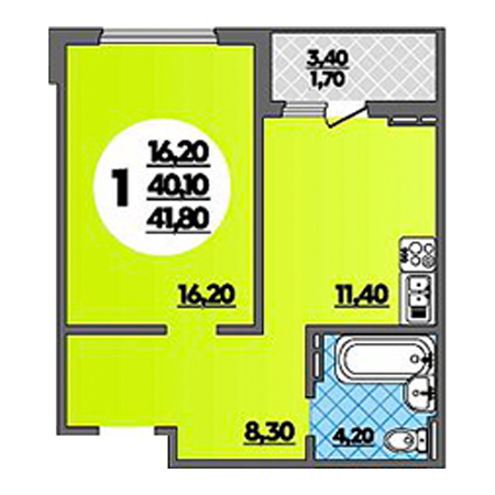 1 комнатная 41.8м²