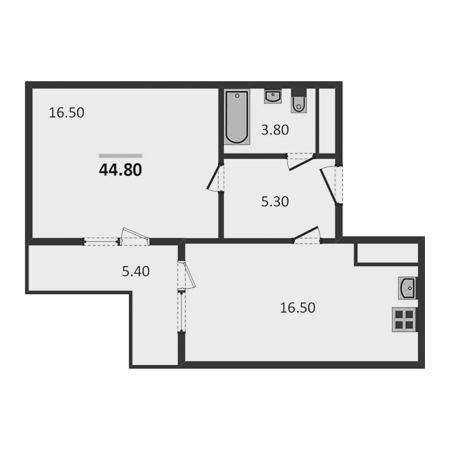 1 комнатная 44.8м²