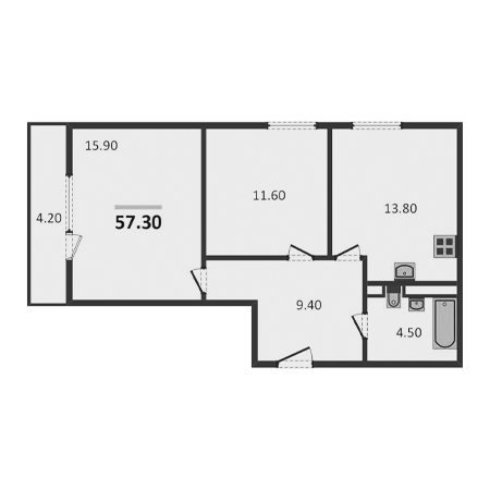 2 комнатная 57.3м²