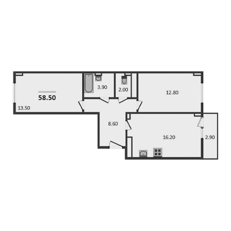 2 комнатная 58.5м²