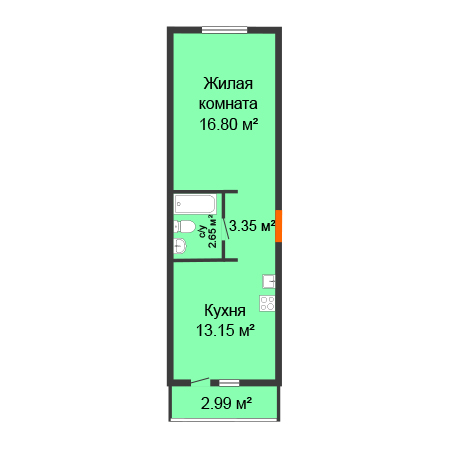 1 комнатная 38.23м²