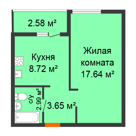 1 комнатная 34.29м²