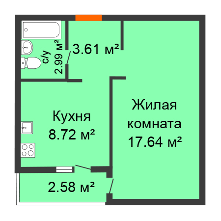 1 комнатная 34.25м²