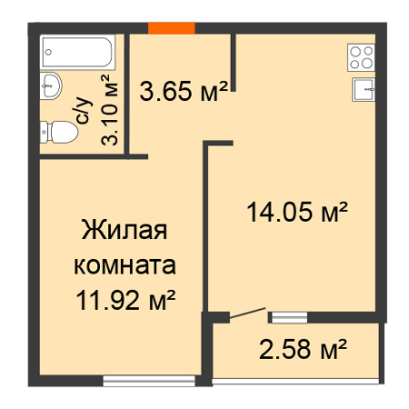 1 комнатная 34.01м²