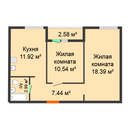 2 комнатная 52.57м²