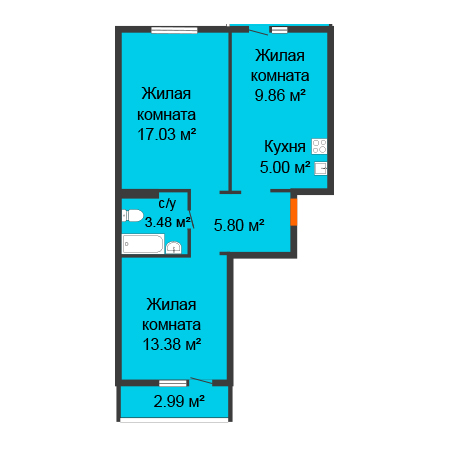 2 комнатная 57.29м²