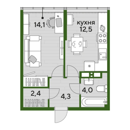 1 комнатная 37.3м²