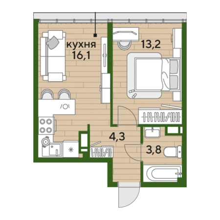 1 комнатная 37.4м²