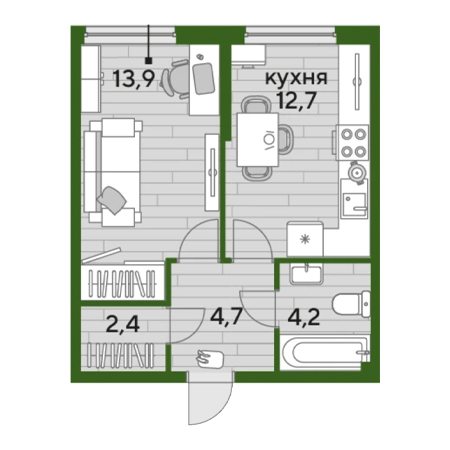 1 комнатная 37.9м²