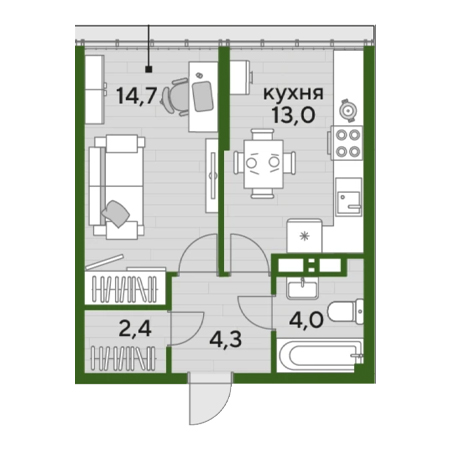 1 комнатная 38.4м²