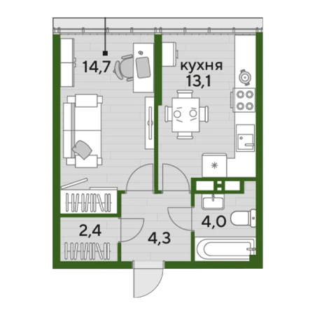 1 комнатная 38.5м²