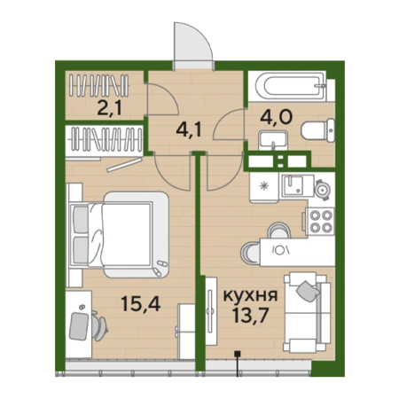 1 комнатная 39.3м²