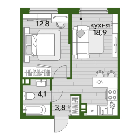 1 комнатная 39.6м²