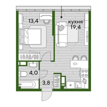 1 комнатная 40.6м²