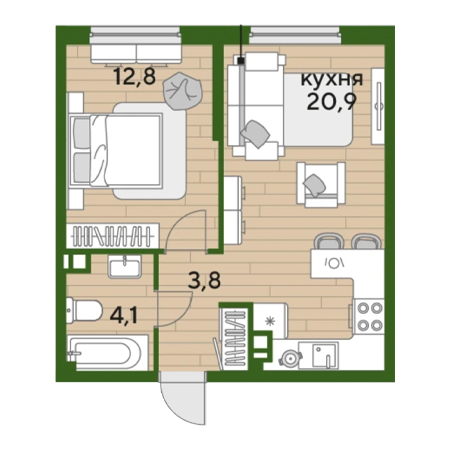 1 комнатная 41.6м²