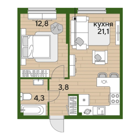 1 комнатная 42м²