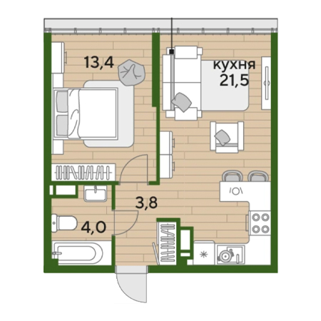 1 комнатная 42.7м²