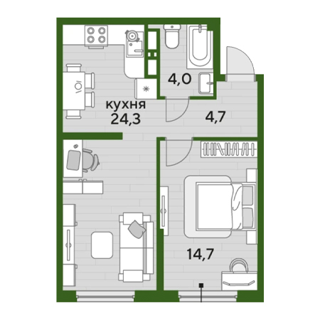 1 комнатная 47.7м²