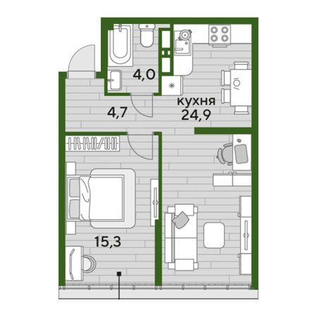 1 комнатная 48.9м²