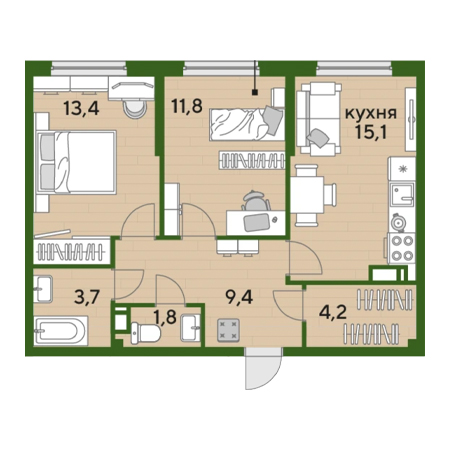 2 комнатная 59.4м²