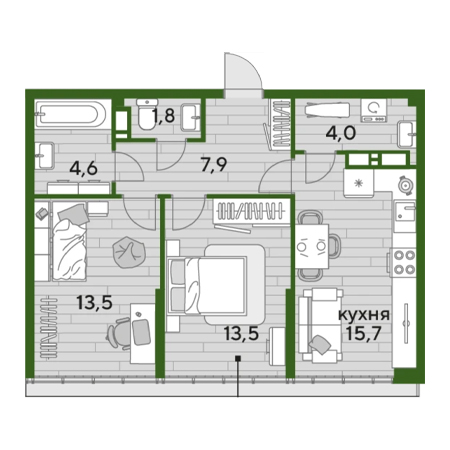 2 комнатная 61м²