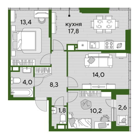 3 комнатная 72.1м²