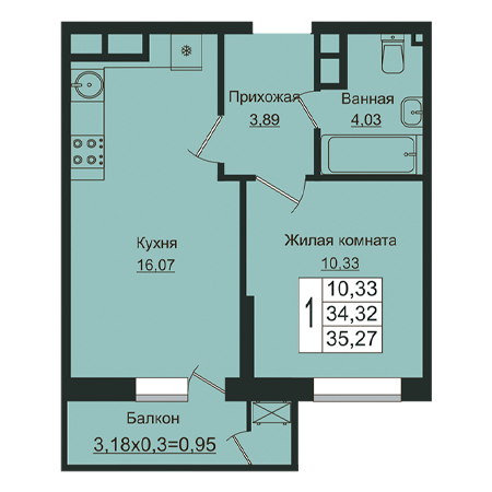 1 комнатная 35.27м²