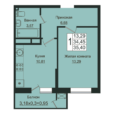 1 комнатная 35.4м²