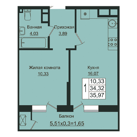 1 комнатная 35.97м²