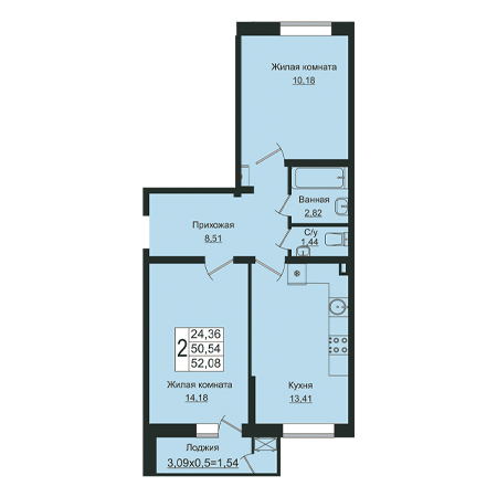 2 комнатная 52.08м²