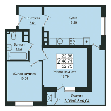 2 комнатная 52.75м²