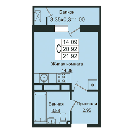 Студия 21.92м²