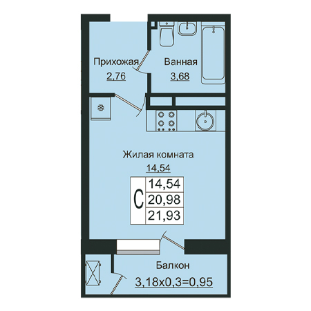 Студия 21.93м²