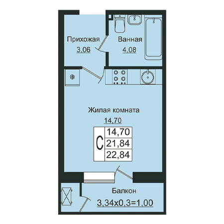 Студия 22.84м²