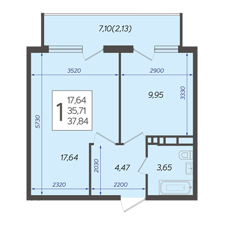 1 комнатная 37.84м²