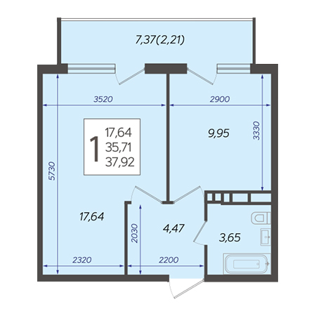 1 комнатная 37.92м²