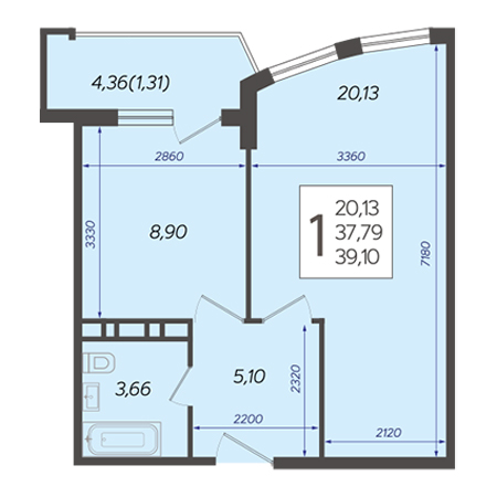 1 комнатная 39.1м²