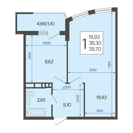 1 комнатная 39.7м²