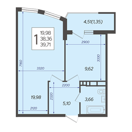 1 комнатная 39.71м²