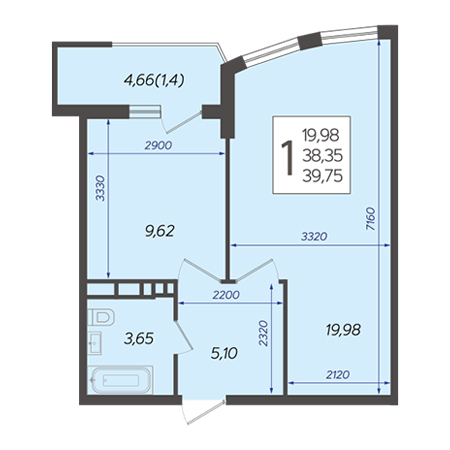 1 комнатная 39.75м²