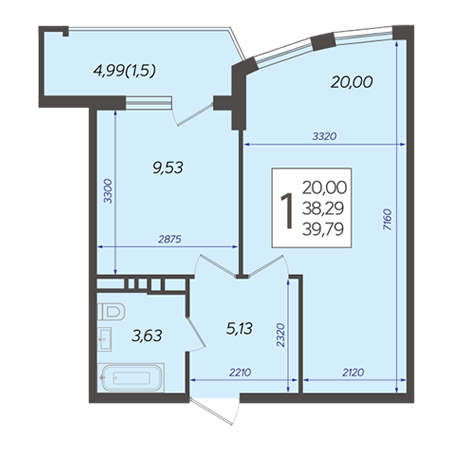 1 комнатная 39.79м²