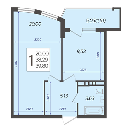 1 комнатная 39.8м²