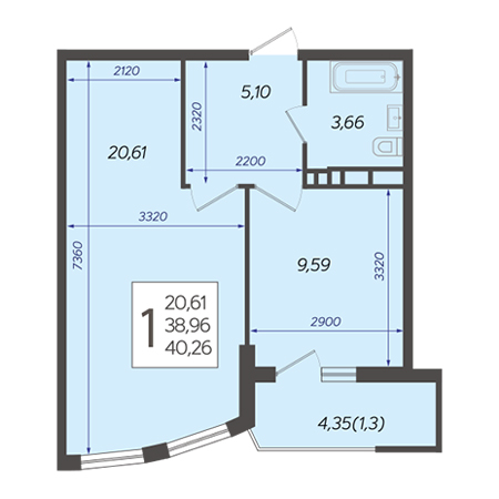 1 комнатная 40.26м²