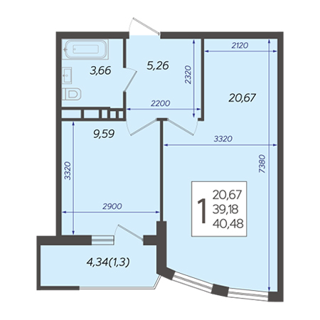 1 комнатная 40.48м²