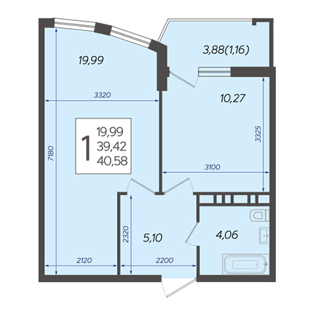 1 комнатная 40.58м²