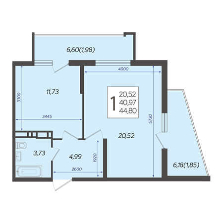 1 комнатная 44.8м²