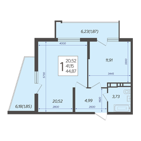 1 комнатная 44.87м²